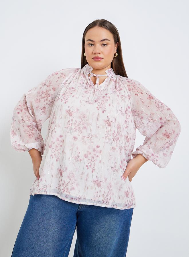 Styli Plus Size Women Floral Print Blouse with Tie Neck - Image 4